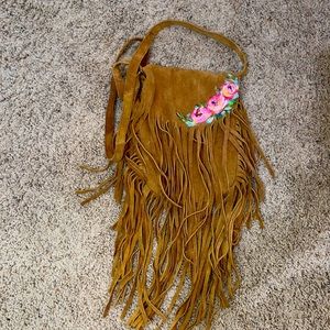 Custom hand painted suede fringe crossbody